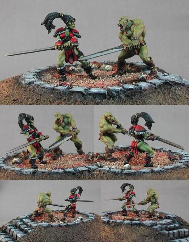 Photo collage of painted fantasy miniatures fighting on circular bases.