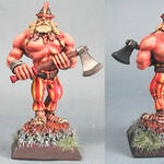 Front and back views of a painted muscular miniature warrior holding an axe on a grassy base