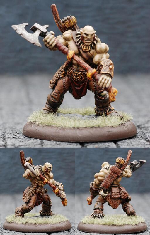 Painted fantasy dwarf warrior miniature shown from front and both sides