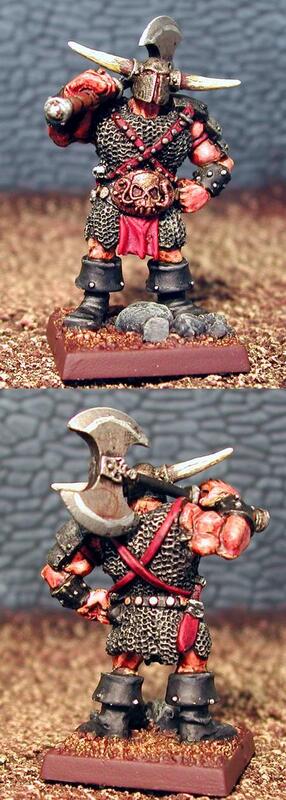 Front and back views of a painted dwarf warrior miniature in red armor, holding axe and hammer.