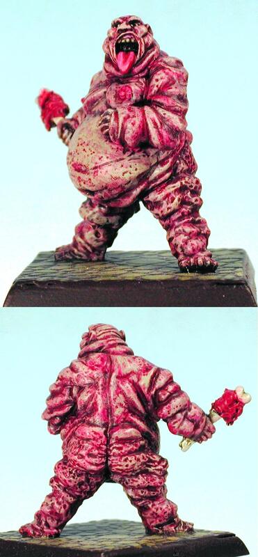Front and back views of undead ogre miniature holding a red grenade.