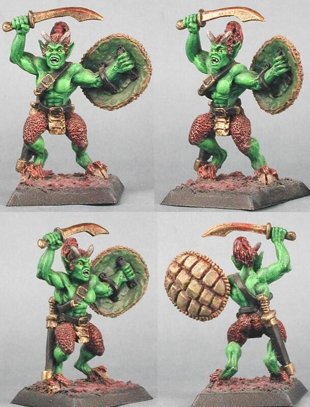 Four views of a green goblin miniature with shield and raised axe.