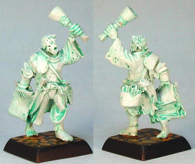 Two white fantasy warrior miniatures with raised hammers on black bases.