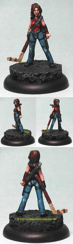Painted female warrior miniature on round base, shown from three angles