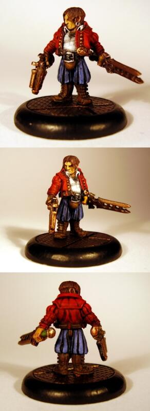 Three views of a red-haired warrior miniature on a black base.