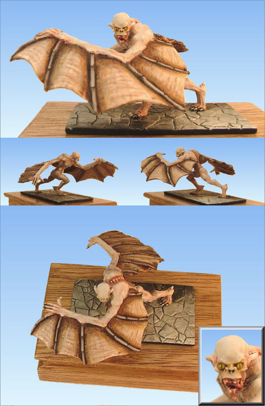 Graphic showing a winged goblin sculpture crouched on a wooden base, from multiple angles.