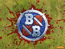 Graphic logo of a blue coin with stylized B and X on a green blood-spattered background.