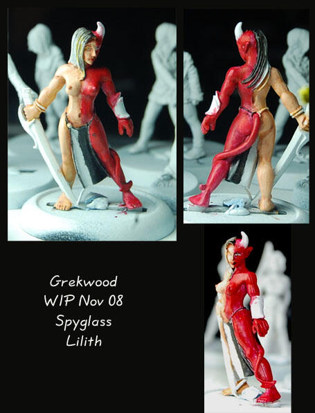 Collage of a red-haired warrior figurine in red and gold armor from three angles.