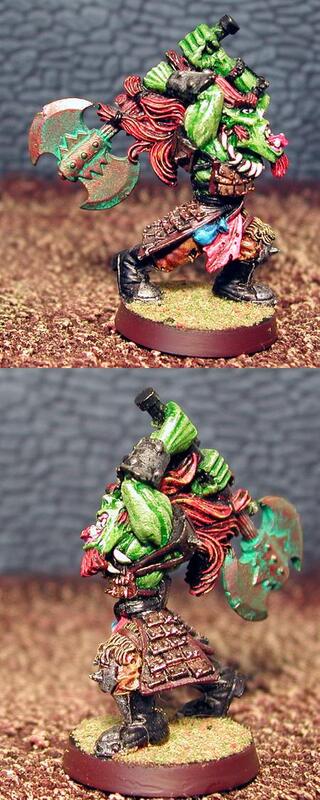 Two photos of a painted goblin warrior miniature on a round base.