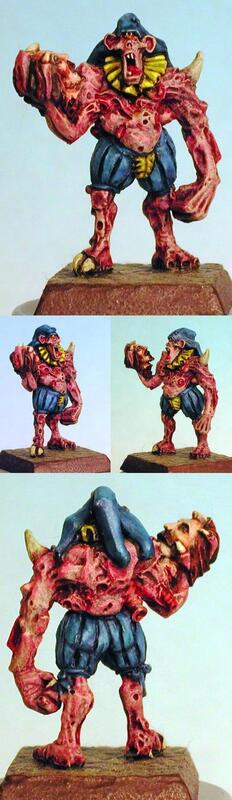 Four views of a red muscular monster figurine in blue shorts on a white background.