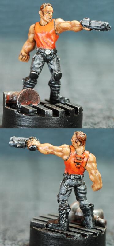 Two photos of a muscular action figure in an orange tank top with a robotic arm.