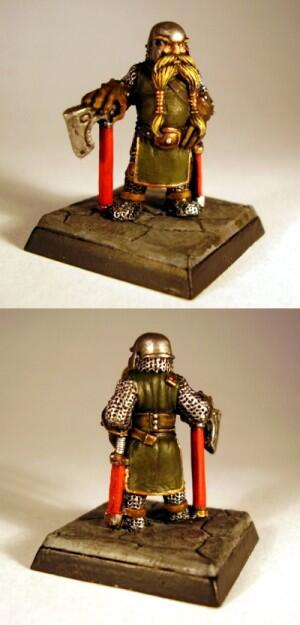 Two views of a small bearded warrior figurine holding a spear on a base.