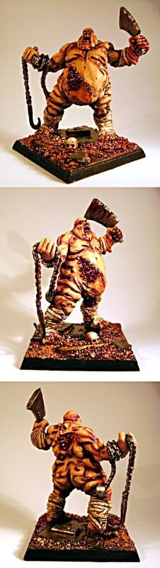 Three views of a painted tiger warrior miniature on a square base.