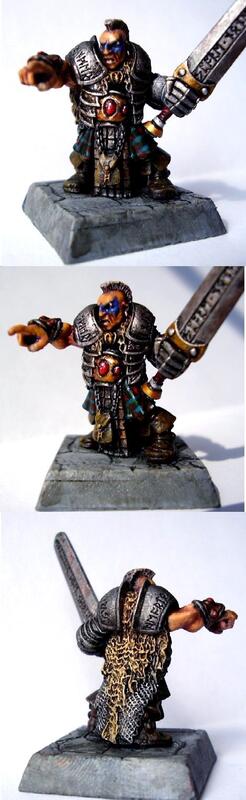Three views of a painted fantasy warrior miniature with gun and sword