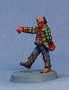 Painted miniature figure in a plaid shirt walking on a round base.