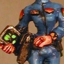 Painted miniature of a red-haired woman in a blue uniform, shown front, back, and side.