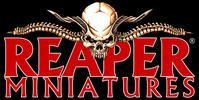 Reaper Miniatures logo with a skull above red lettering
