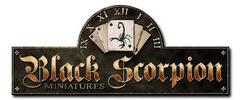 Black Scorpion Miniatures logo in gold on a black sign, with a round emblem above.