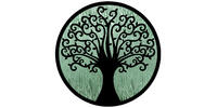 Circular graphic logo of a black tree with swirling branches on pale green.